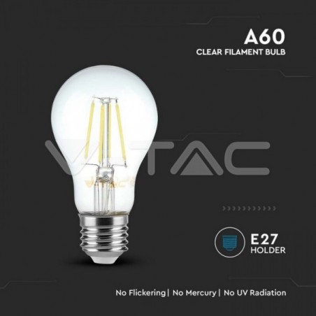 Lâmpada LED VTAC E27 6W 600Lm 3000K A60 CLEARGlass