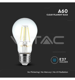 Lâmpada LED V-TAC E27 6W 600Lm 4000K A60 CLEARGlass