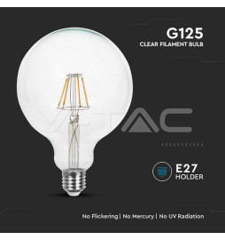 Lâmpada LED V-TAC E27 6W 600Lm 3000K G125 CLEARGlass